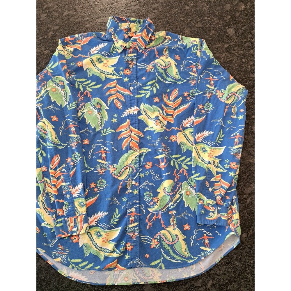 Ralph Lauren Mens Shirt Button Floral Long Sleeve Tropical Surfer Hula Girl XLT